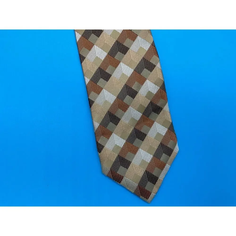 Villini Men's 100% Silk Tie Geometric Check Pattern Brown Gold‎ 3.5
